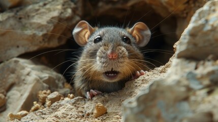  a close up of a rodent in a rocky area with its mouth open and it's tongue out.