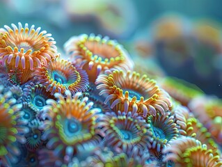 Obraz premium Close-up of vibrant, multi-colored sea anemones with intricate tentacle patterns, showcasing a spectrum of neon hues and the rich biodiversity of a coral reef ecosystem. aquatic, life, colorful