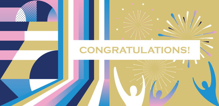 Congratulations flat modern design. Summer Sports Games Event in Paris abstract geometric elements trendy pattern Sale gift card background winner competition champion award travel fireworks banner