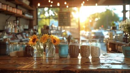  a wooden table topped with mason jars filled with sunflowers and other vases filled with sunflowers. - obrazy, fototapety, plakaty