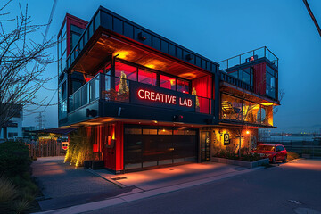 A creative and innovative design studio with a red and black exterior and a sign that says "CREATIVE LAB"