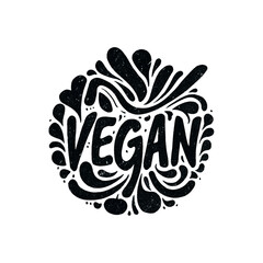 A black and white drawing of a circle with the word vegan written in a cursive style. The circle is surrounded by a pattern of water droplets
