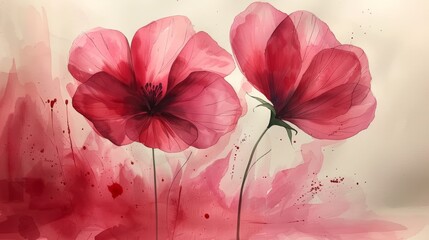 a painting of three pink flowers with watercolor splashes on the back of the flowers, with a white background.