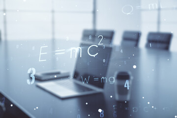 Creative scientific formula concept on modern laptop background. Multiexposure