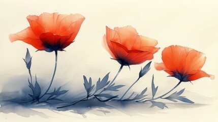  a painting of three red flowers on a white background with a shadow of leaves on the left side of the picture.
