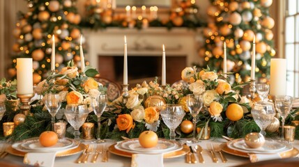 Obraz na płótnie Canvas a table set for a formal dinner with oranges and greenery on the table and a christmas tree in the background.
