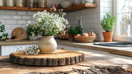 a vase filled with white flowers sitting on top of a wooden cutting board on top of a kitchen counter next to a sink. - obrazy, fototapety, plakaty