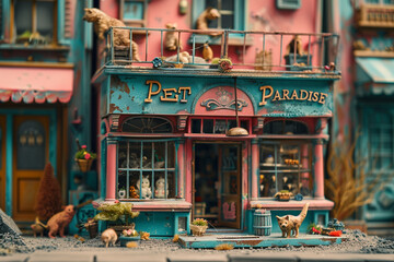 A cute and cuddly pet store with a pink and blue exterior and a sign that says "PET PARADISE"