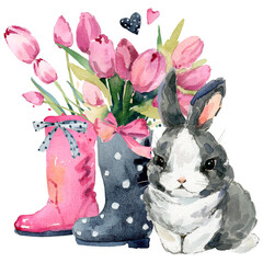 Cute watercolor baby bunny with flowers bouquet - 766202441