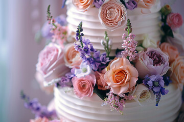 Closeup of white wedding cake with flowers on top. cake on the cake-shelf. white milk cream. cake decorated with pink and purple flowers