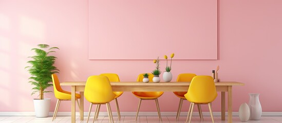 Vibrant dining room painted in a vivid pink color featuring a rustic wooden table and cheerful yellow chairs