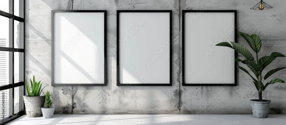 Poster three rectangular white frames are displayed on a concrete wall in a room, creating a monochrome pho