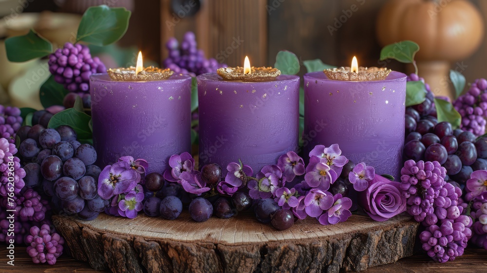 Poster a group of three purple candles sitting on top of a wooden table next to grapes and a bunch of flowe