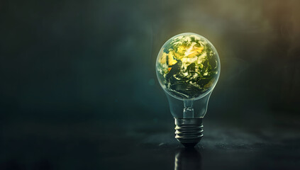 An illustration of a light bulb with the Earth inside, symbolizing sustainable energy and environmental care. This concept represents green energy with a focus on protecting the Earth. Copy space.