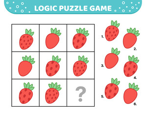 Logic puzzle game. Red strawberry. For kids. Cartoon