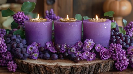 Obraz na płótnie Canvas a group of three purple candles sitting on top of a wooden table next to grapes and a bunch of flowers.