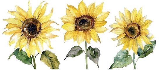 Three vibrant yellow sunflowers with green leaves set against a pristine white background, showcasing the beauty of this terrestrial plant in an artistic and creative arts display - obrazy, fototapety, plakaty