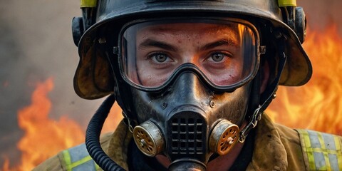 Firefighter with gas mask and uniform in fire fighting action, close-up. - obrazy, fototapety, plakaty