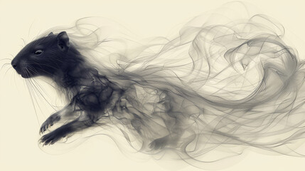  a black and white photo of a rat with a long tail and tail, with smoke swirling around it, in front of a white background.