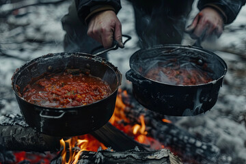 Making a food in pots on the campfire
 - obrazy, fototapety, plakaty