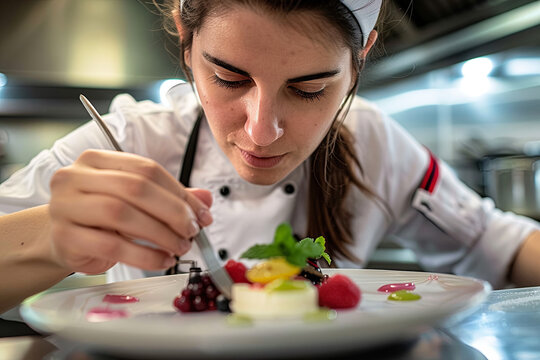 Professional female chef concentrating on garnish a dessert dish