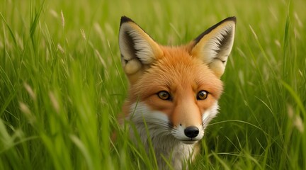 Curious-eyed fox standing amidst tall grass.