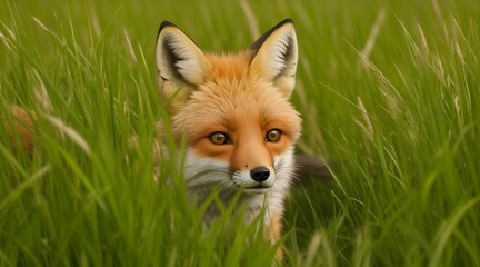 A fox hiding in tall grass, its eyes filled with curiosity.