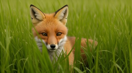 A fox with curious eyes peering out from behind tall grass.