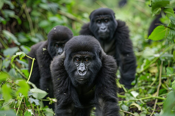 Fototapeta premium Mountain gorillas from group 13 in Volcanoes National Park in Rwanda