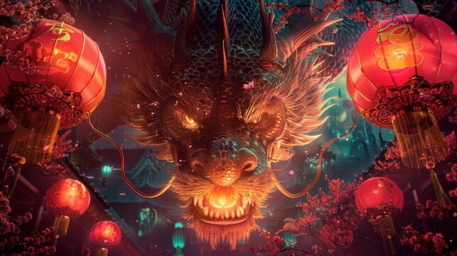 dragon surrounded by Lunar New Year elements in a fantasy-inspired wallpaper