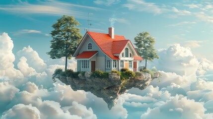 house on a floating island, surrounded by clouds and floating landmass