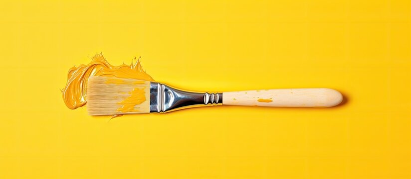A paintbrush with bright yellow paint on its bristles is placed on a vibrant yellow background, creating a colorful artistic scene