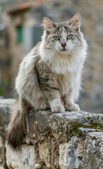 Naklejka na ściany i meble A cute cat sitting on top of an old wall