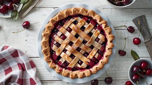 A cherry pie on a white wooden table background