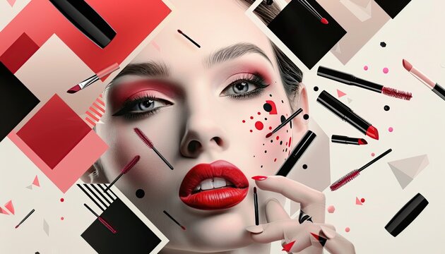 Abstract Portrait of a Woman with Red Lips, Against a Background of Abstract Hexagons in Pastel Beige, Black, and White, with Flying Makeup Accessories.
