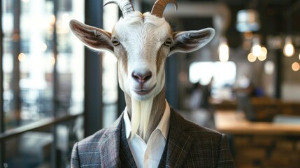 Portrait of goat in a business suit in the office.