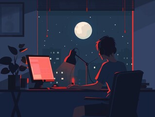 Illustration of a person updating their antivirus software on a computer late at night - obrazy, fototapety, plakaty