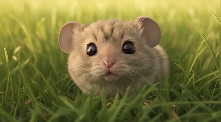 Behind a patch of tall grass, a mouse with inquisitive eyes gazes out, ready to explore.