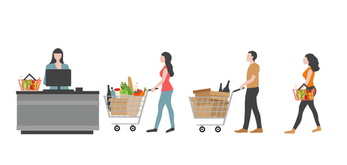 People with shopping cart shop at supermarket vector illustration