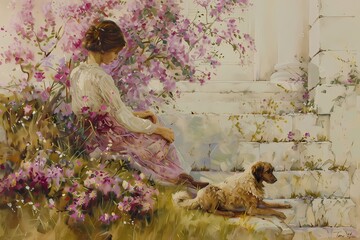Lady’s with dog in vintage style painting with garden and flower,  For wall art, digital art, home decor , background and wallpaper