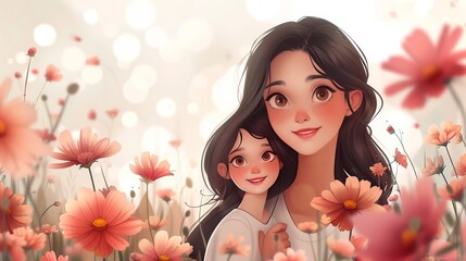 Mother and daughter in the field of flowers