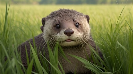Curious otter with a playful expression, peering out from tall grass in a picturesque field.