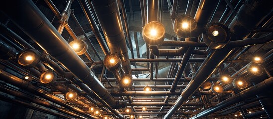 Observing the ceiling of the factory, one can see pipes, lights, and metal structures. The automotive lighting fixtures illuminate the space, creating an industrial atmosphere