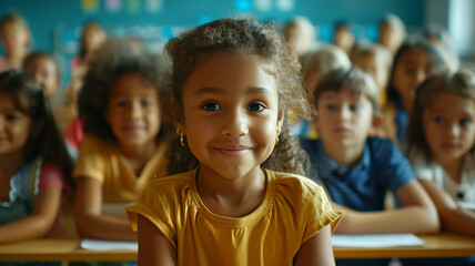 Happy children's group of multiracial sitting in classroom look at camera