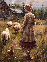Farm girl with animal in a village painting,  For wall art, digital art, home decor , background and wallpaper