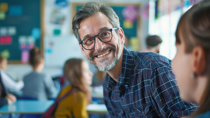 Happy male teacher in classroom with students in the background