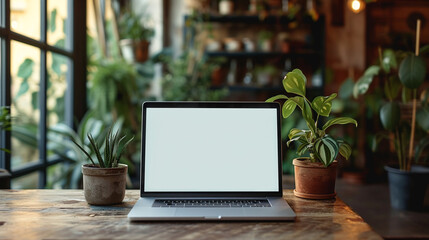 A modern laptop commands attention, its blank screen ready to be filled with creativity and...