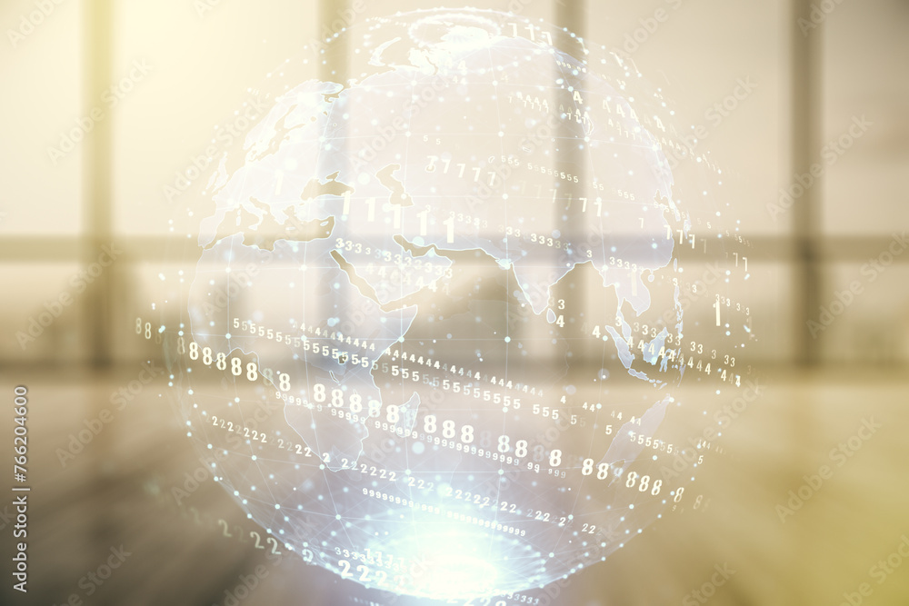 Aufkleber double exposure of abstract programming language hologram and world map on empty modern office backg