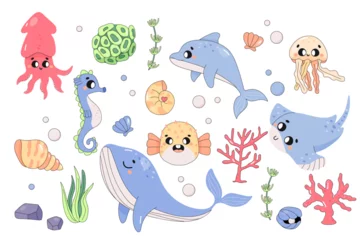 Stickers meubles Vie marine cute sea animals, set, on white background, fugu, whale, dolphin, cuttlefish, jellyfish. Underwater world.
