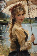 Oil painting on canvas of a woman in 17th century, looking straight, with umbrellas by the water, moody vintage style,  For wall art, digital art, home decor , background and wallpaper